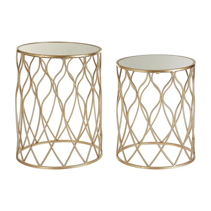 Rylight 2 Round Side Tables With Mirror Top In Champagne Iron