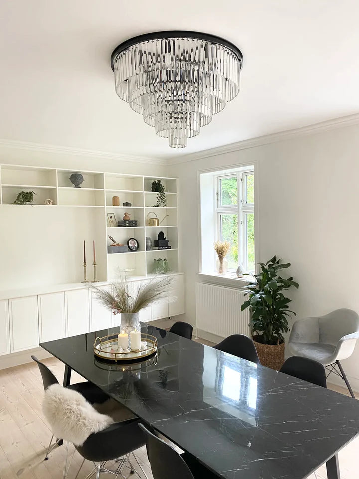 Rylight meerlaagse inbouw ronde grijs/amber/heldere kristallen kroonluchter