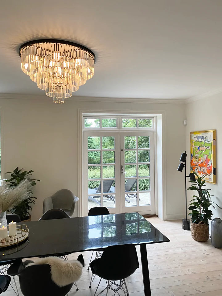 Rylight meerlaagse inbouw ronde grijs/amber/heldere kristallen kroonluchter