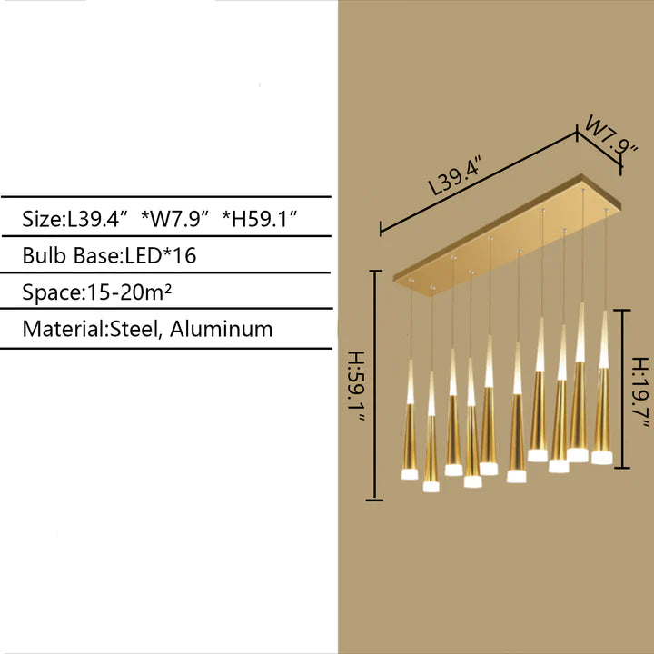 Rylight 10/12/16/18/20/24-Light Rectangular Pendant in Gold Finish