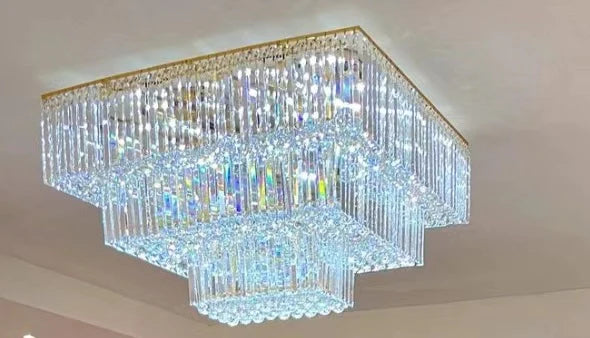 Rylight Extra Large Modern Style Tiered Square Crystal Flush Mount Chandelier