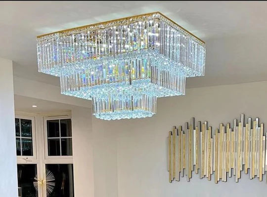 Rylight Extra Large Modern Style Tiered Square Crystal Flush Mount Chandelier