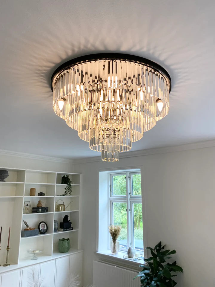 Rylight meerlaagse inbouw ronde grijs/amber/heldere kristallen kroonluchter