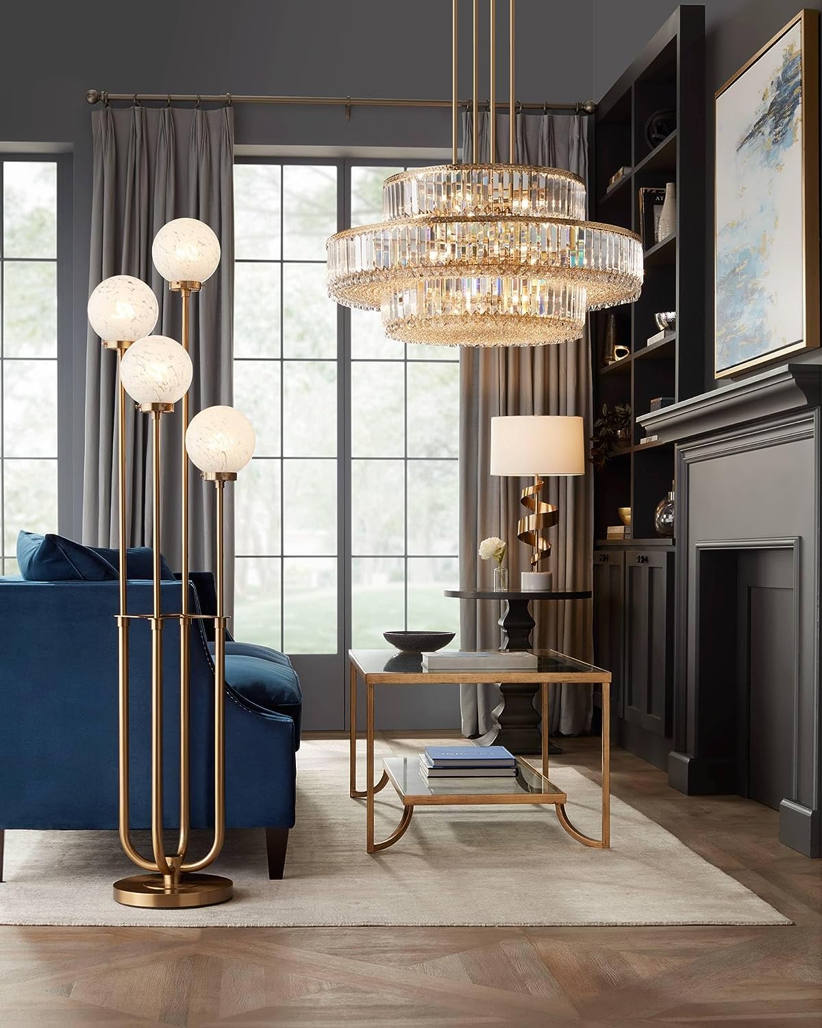 ثريا كريستالية فاخرة من Rylight ذات 3 طبقات بلون ذهبي ناعم