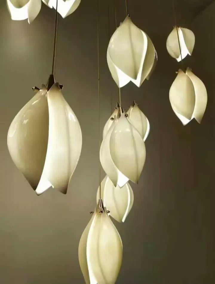 Rylight 3/9/18/32/36/70-Light Nordic Magnolia Flower Ceramics Pendant Long Chandelier