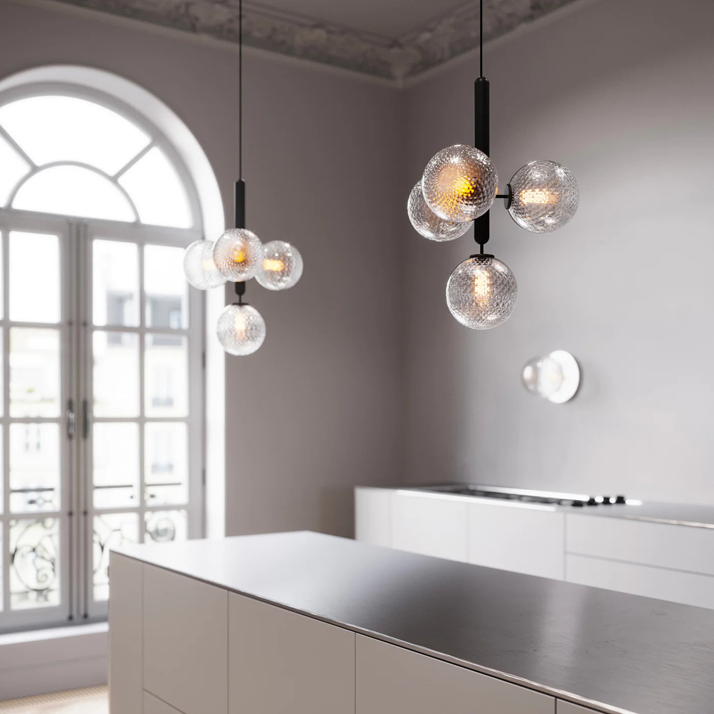 Rylight 1/3/6/13-Globes helder/wit glazen hangende kroonluchter