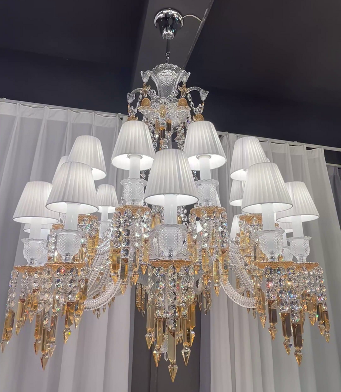 Large Light Luxury Classic Tiered Yellow Crystal Candle Lampshade Chandelier for High-ceiling Rooms/Living Room