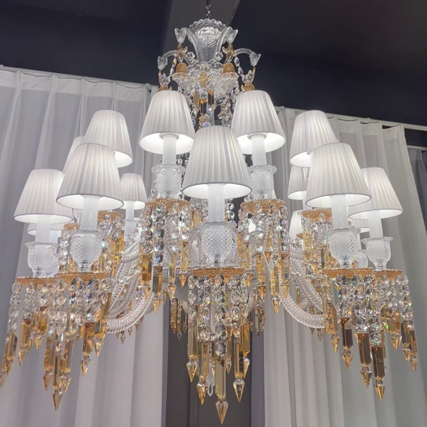 Large Light Luxury Classic Tiered Yellow Crystal Candle Lampshade Chandelier for High-ceiling Rooms/Living Room