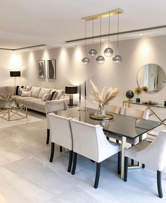 Rylight 5/7/9-licht semi-rokerige grijze glazen hanglamp