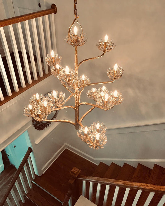 Luxe gouden kroonluchter met takken en bloemen voor woonkamer/trap/slaapkamer