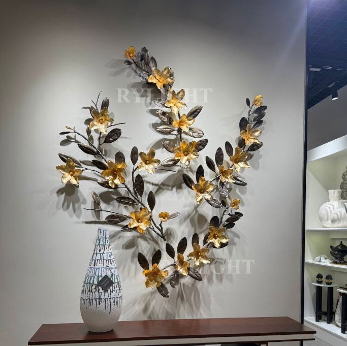 Luxury High-End Golden Magnolia Brass Branch Wall Decor