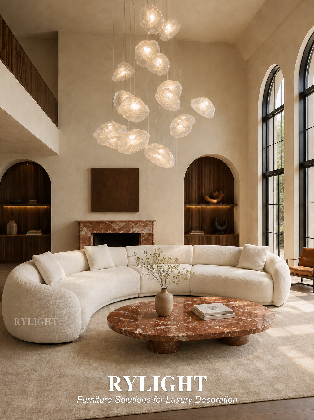 Modern Luxury Beige Bouclé Curved Sectional Sofa