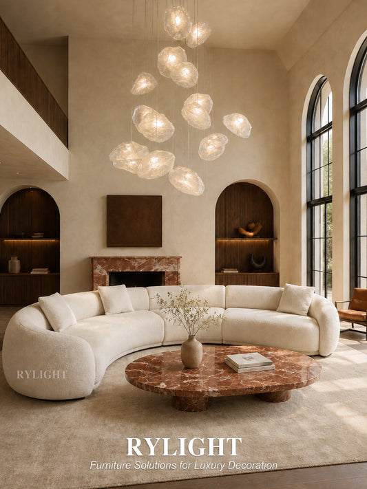 Modern Luxury Beige Bouclé Curved Sectional Sofa