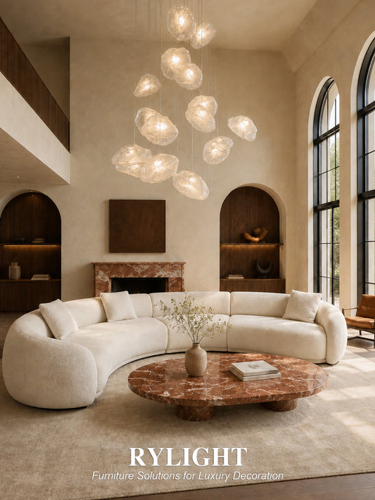 Modern Luxury Beige Bouclé Curved Sectional Sofa