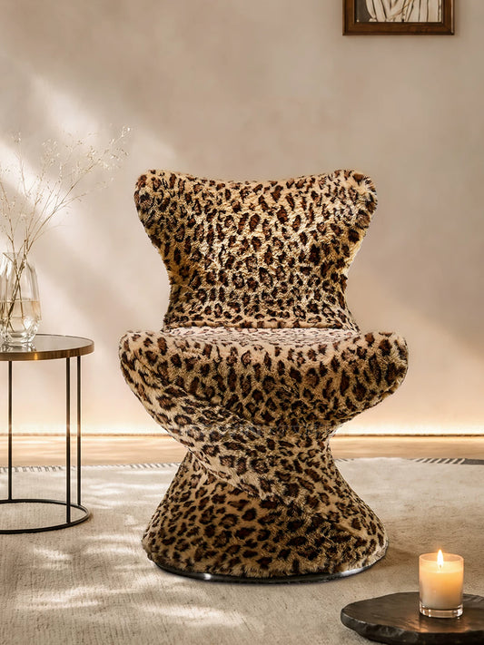360° Swivel Vintage Leopard Print Faux Mink Fur Single Accent Chair
