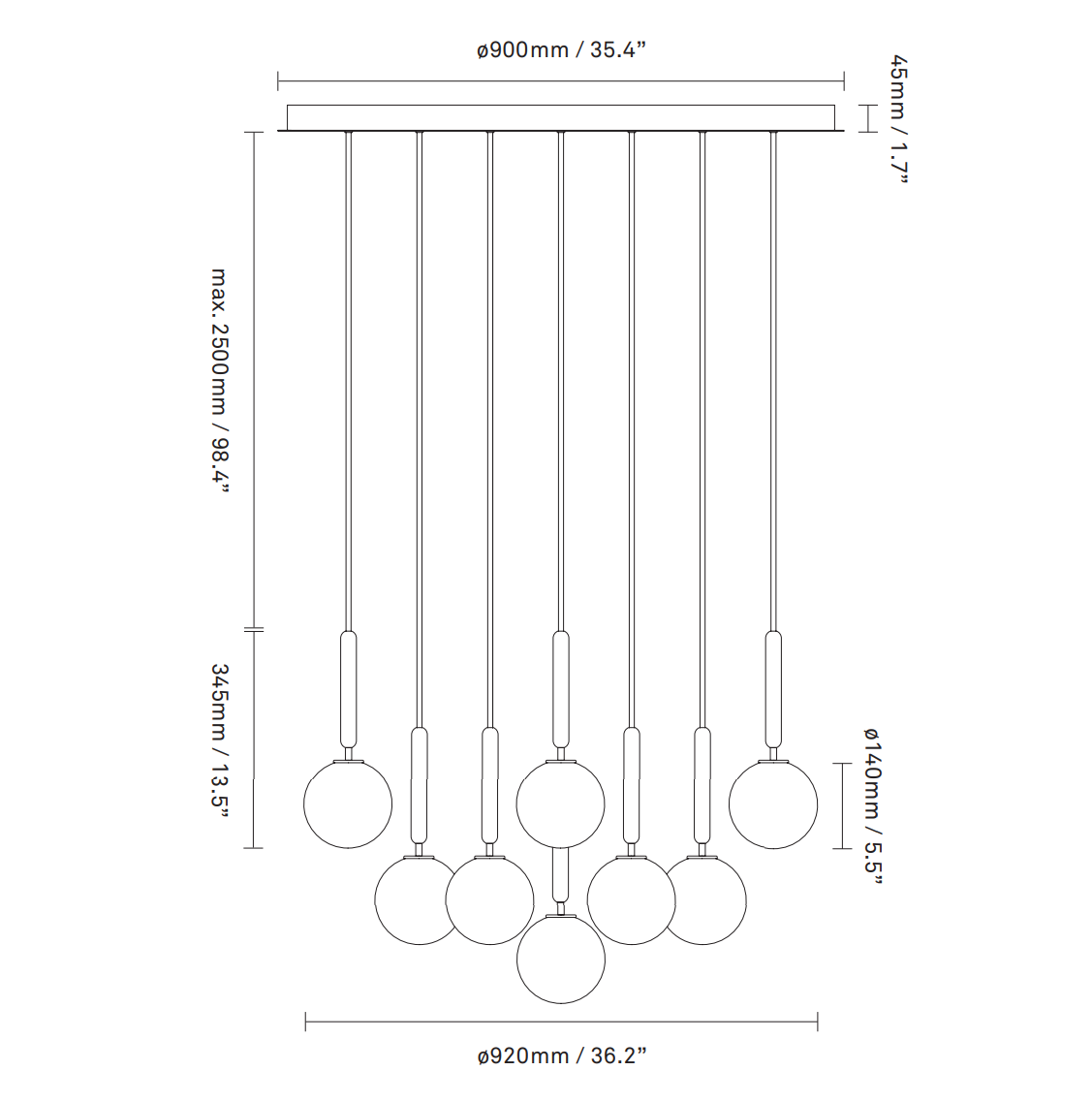 Rylight 1/3/6/13-Globes helder/wit glazen hangende kroonluchter 