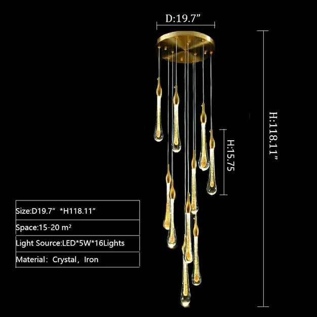 Modern Foyer Glass Raindrops Pendant Chandelier For Staircase/High-Ceiling Space