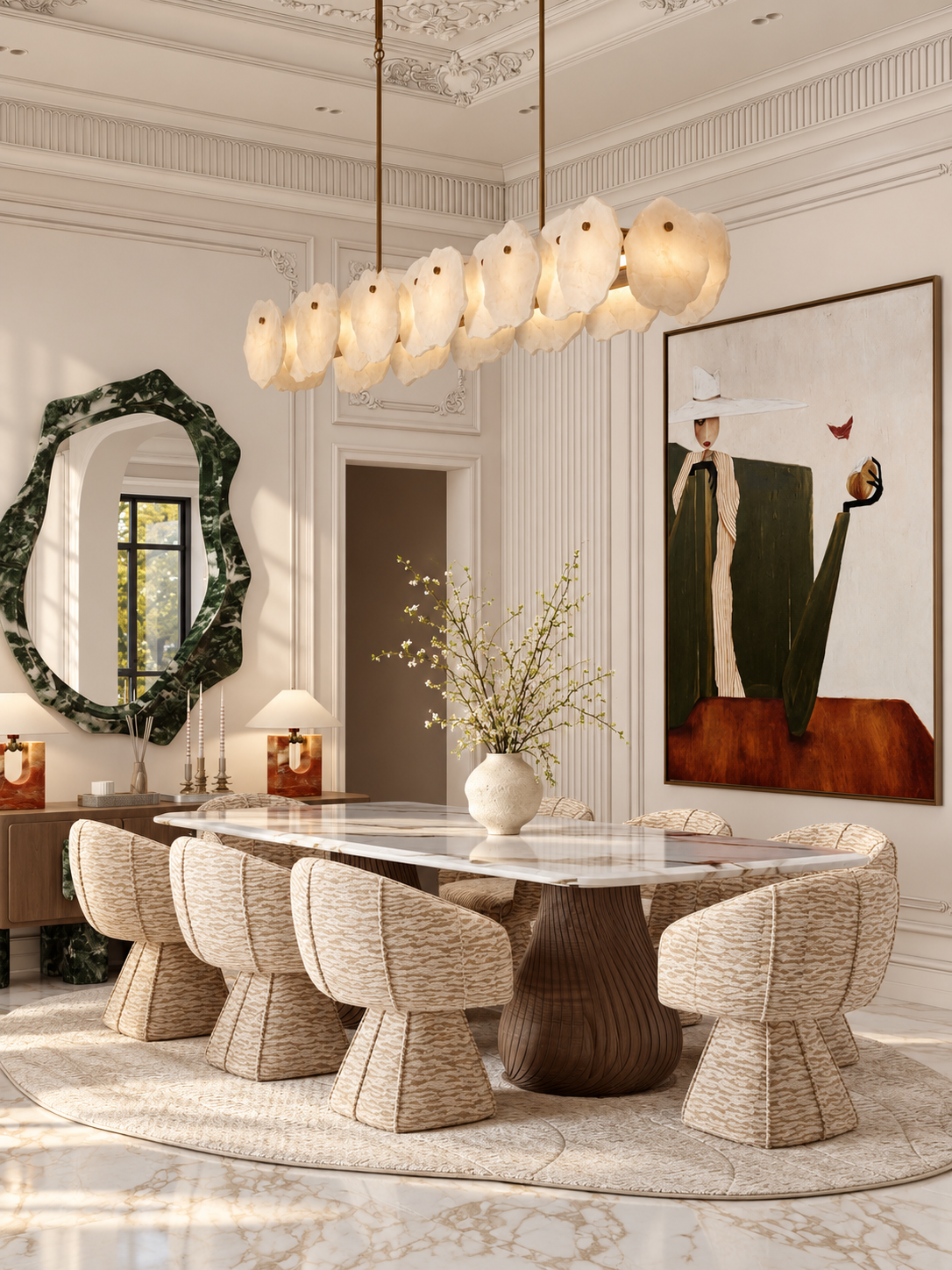 French style Petal Sculptural Alabaster Chandelier
