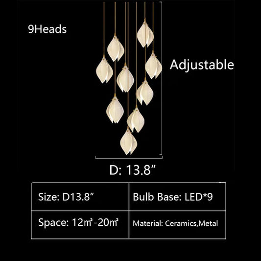 Rylight 3/9/18/32/36/70-Light الشمال ماغنوليا زهرة السيراميك قلادة طويلة الثريا