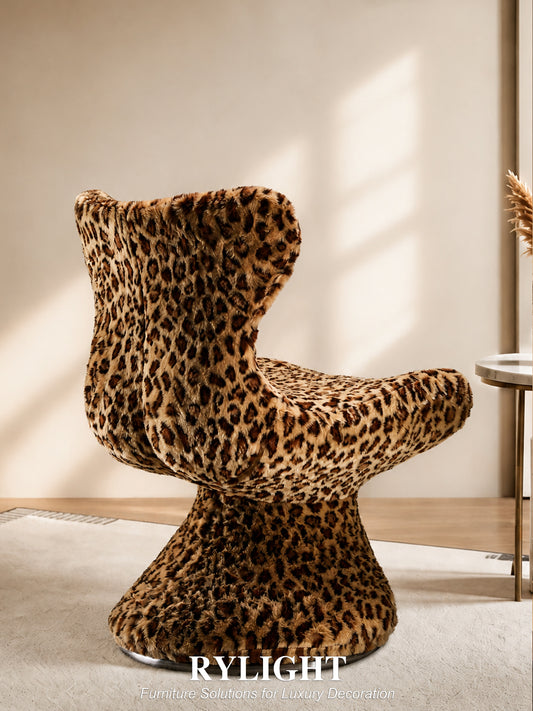 360° Swivel Vintage Leopard Print Faux Mink Fur Single Accent Chair