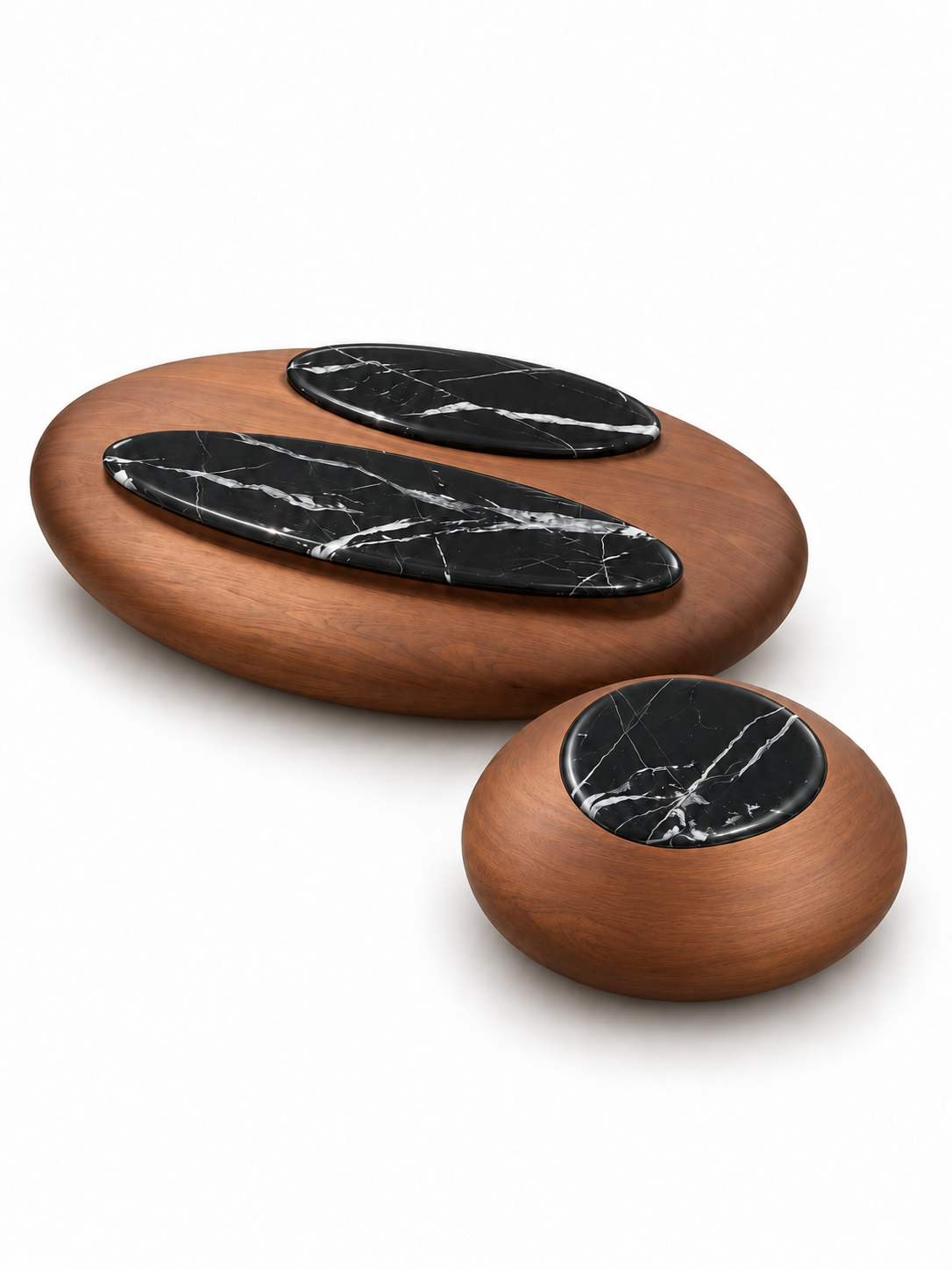 Aurelia Sculptural Walnut Marble Coffee Table Set