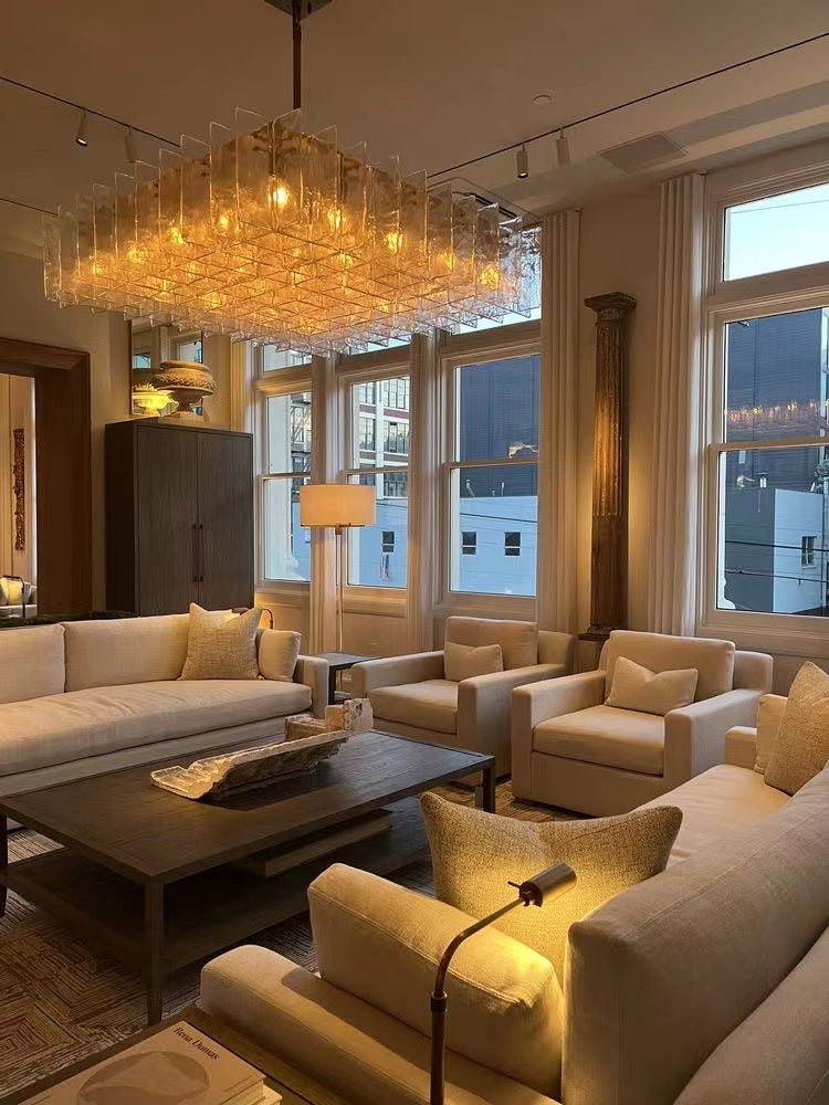 Rylight 9/16/25-ثريا زجاجية مربعة الشكل مطروقة يدويًا بلمسة نهائية من النحاس