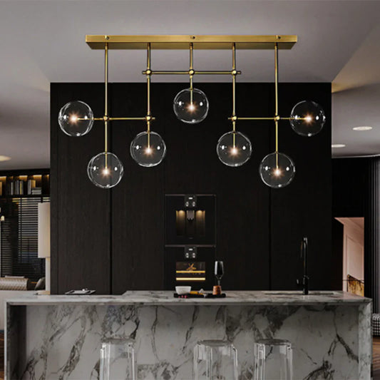 Nordic heldere bolvormige glazen kroonluchter met zwart/gouden afwerking voor eetkamer/keukeneiland