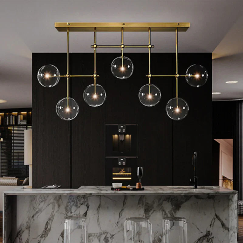 Nordic heldere bolvormige glazen kroonluchter met zwart/gouden afwerking voor eetkamer/keukeneiland