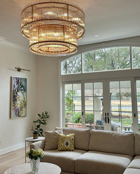 Rylight 2-Tier Round Handmade Fluted Glass Panels Chandelier