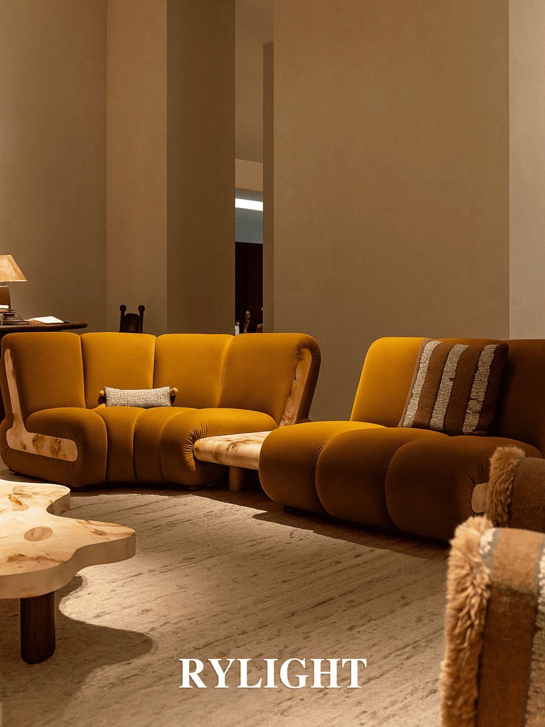 Rylight Modern Art Design Curved Mustard Fabric Sectional Sofa