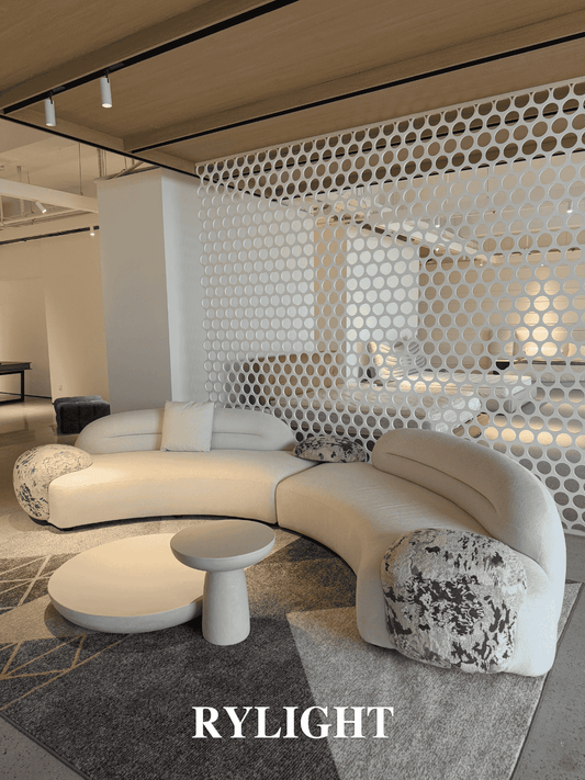 Rylight eigentijdse, artistiek gepatroneerde beige gebogen modulaire bank met accent