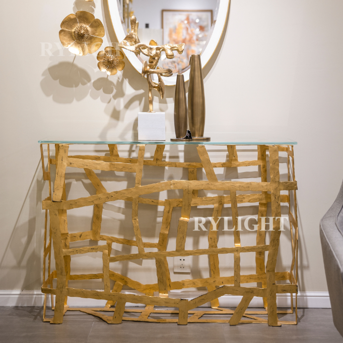 Rylight Luxury Sculptural Gold Leaf Iron Frame Console Table with Glass Top