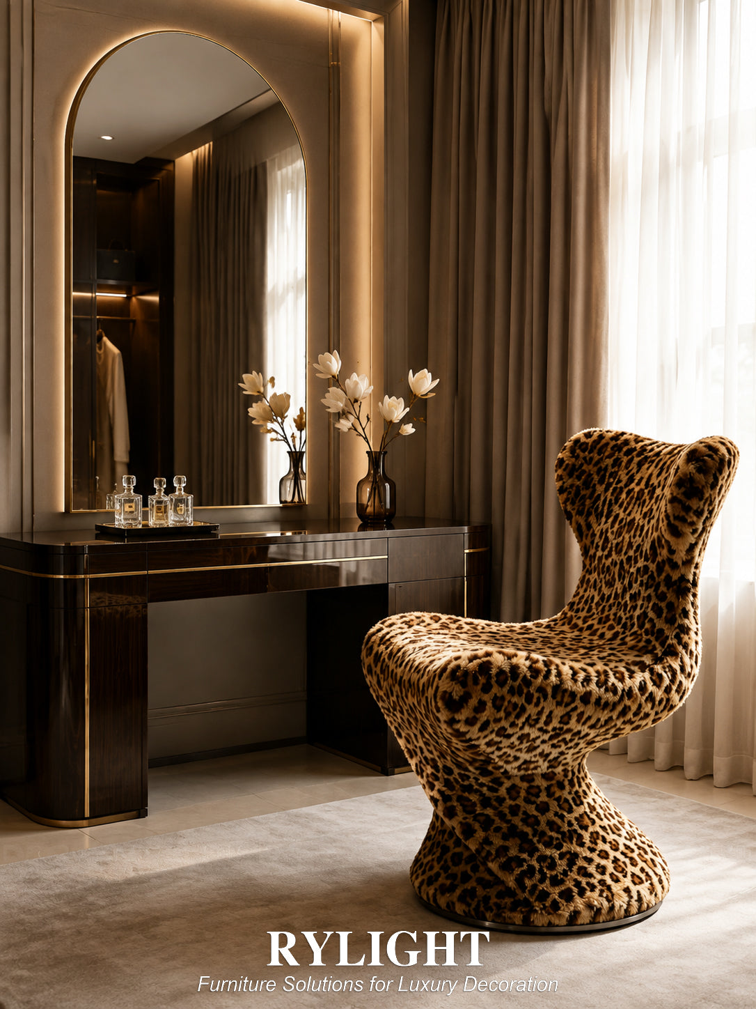 360° Swivel Vintage Leopard Print Faux Mink Fur Single Accent Chair