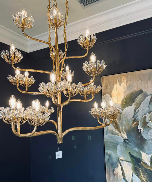 Luxe gouden kroonluchter met takken en bloemen voor woonkamer/trap/slaapkamer