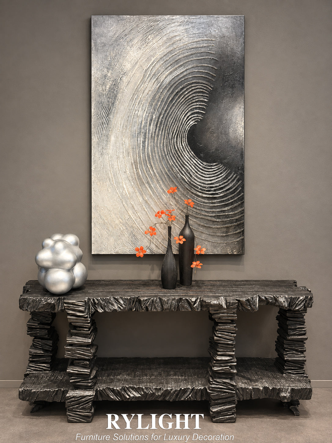 Obsidian Strata Hand-Carved Wood Console Table