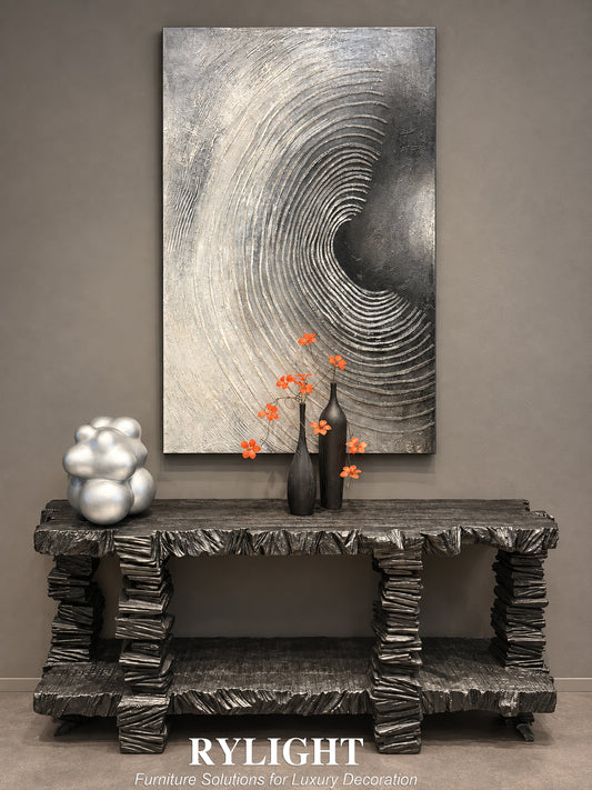 Obsidian Strata Hand-Carved Wood Console Table