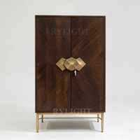 Rylight Luxury Dark Brown Wood Bar Cabinet with Geometric Gold Handles
