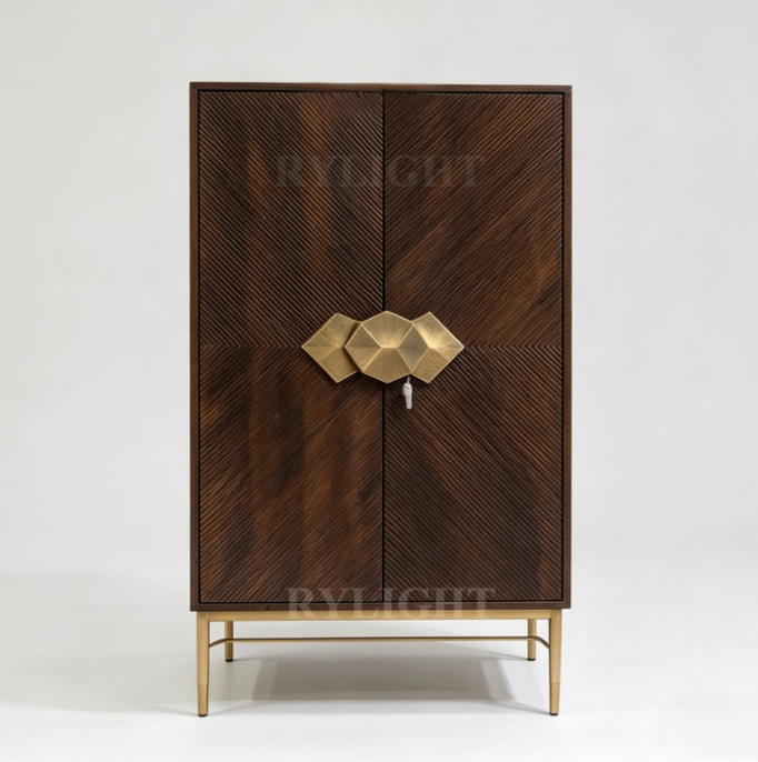 Rylight Luxury Dark Brown Wood Bar Cabinet with Geometric Gold Handles