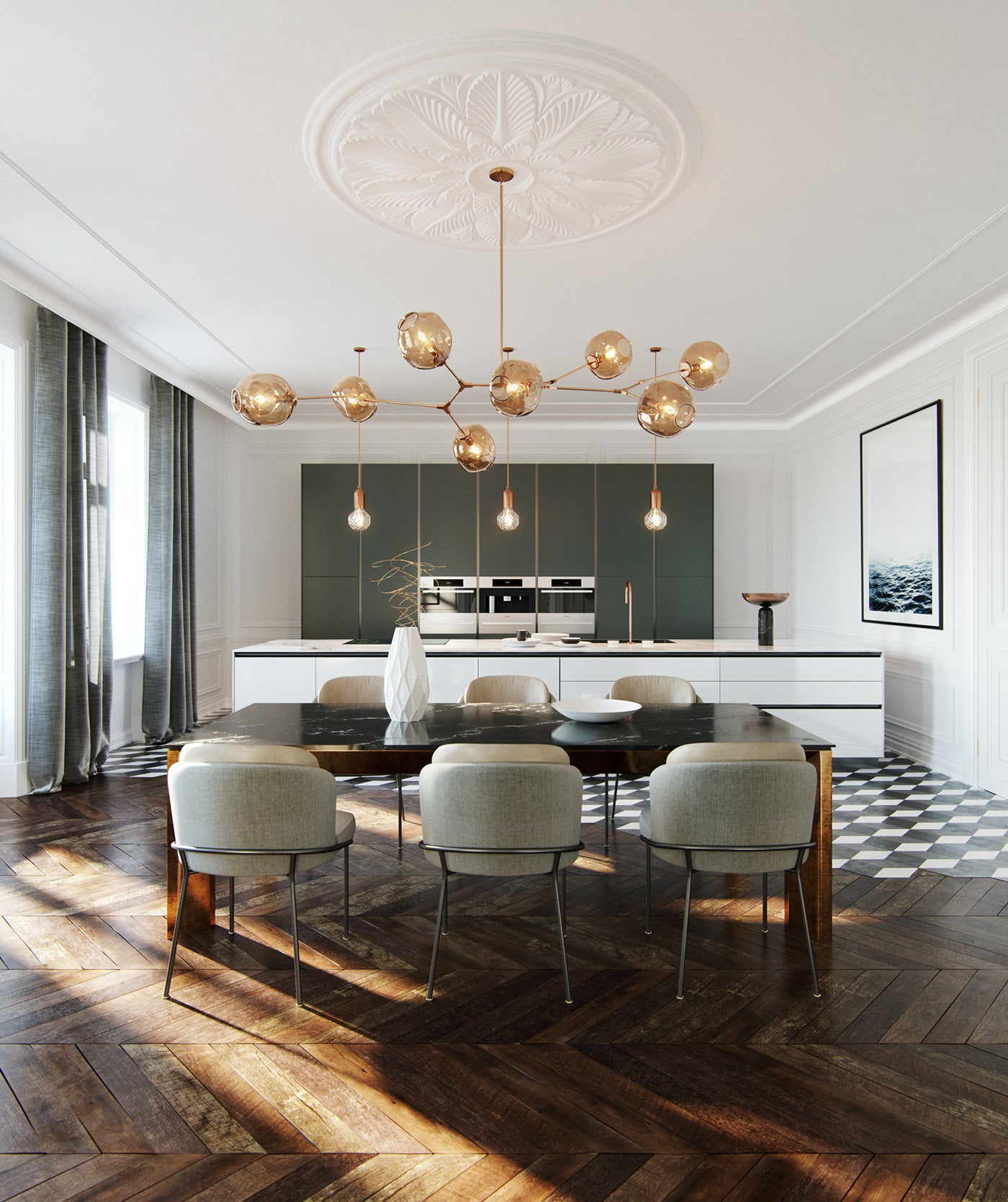 Rylight 5/7/8/9-lichte Spoetnik rokerige grijze/amberkleurige glazen kroonluchter