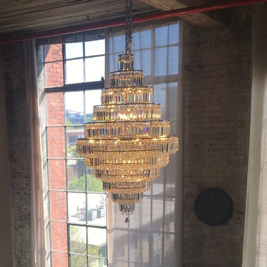 Rylight extra grote meerlaagse chroom/gouden kristallen kroonluchter