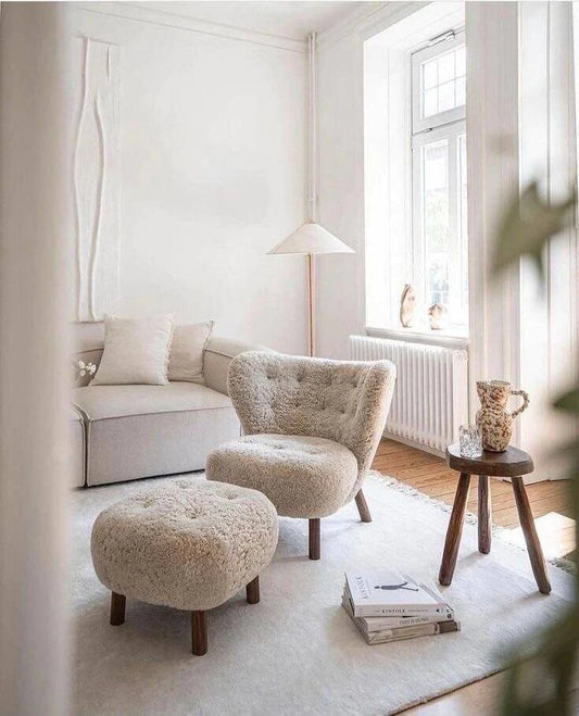 Classic Cozy White Fleece Plush Accent Lounge Chair with Ottoman