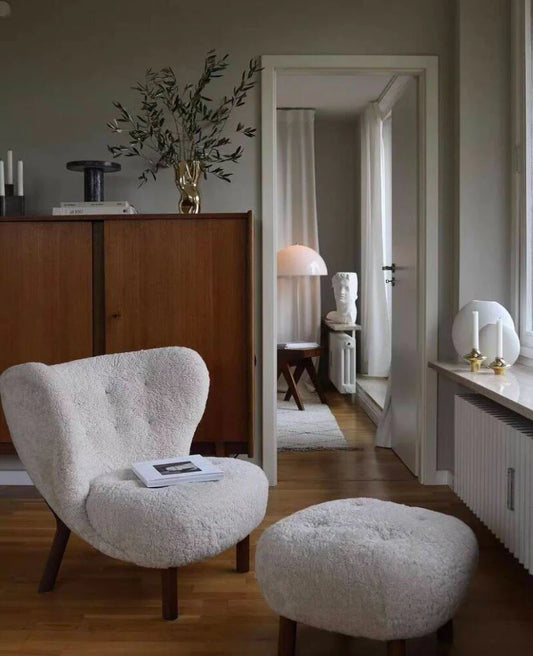 Classic Cozy White Fleece Plush Accent Lounge Chair with Ottoman