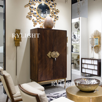 Rylight Luxury Dark Brown Wood Bar Cabinet with Geometric Gold Handles