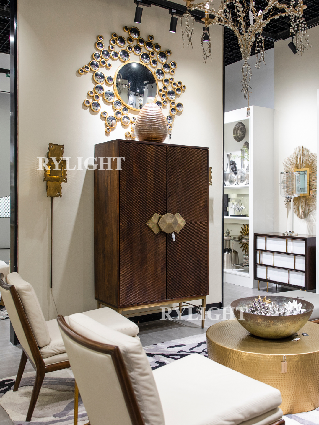 Rylight Luxury Dark Brown Wood Bar Cabinet with Geometric Gold Handles