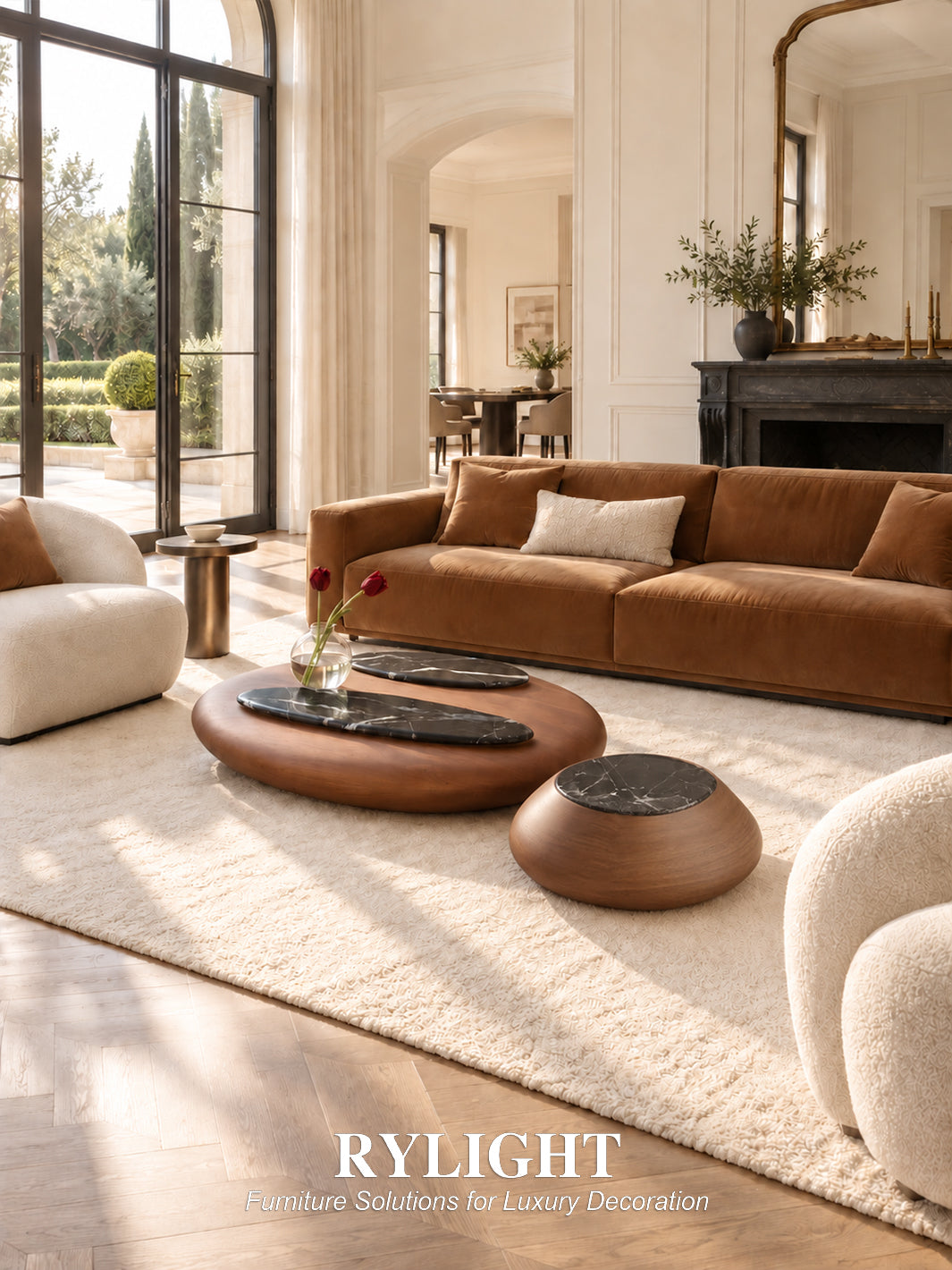 Aurelia Sculptural Walnut Marble Coffee Table Set