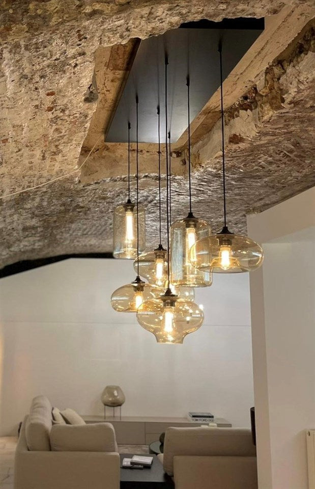 Rylight 6/8/10/12-lichts rookgrijs/amberkleurige glazen kroonluchter