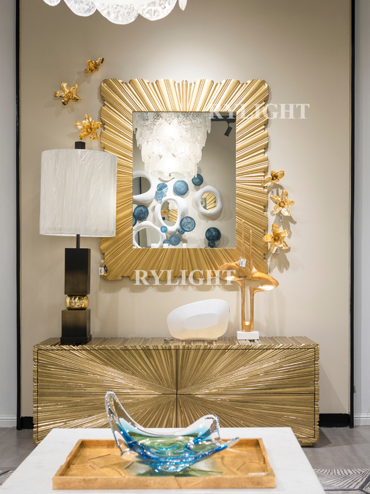 Rylight Luxury Art Deco Gold Sunburst Textured Square Wall Mirror