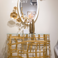 Rylight Luxury Sculptural Gold Leaf Iron Frame Console Table with Glass Top