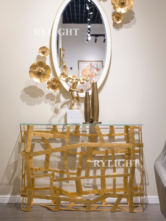 Rylight Luxury Sculptural Gold Leaf Iron Frame Console Table with Glass Top