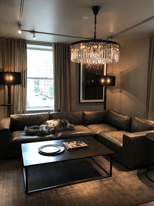 Rylight 1-Tier Round Crystal Chandelier in Brass/Black Finish